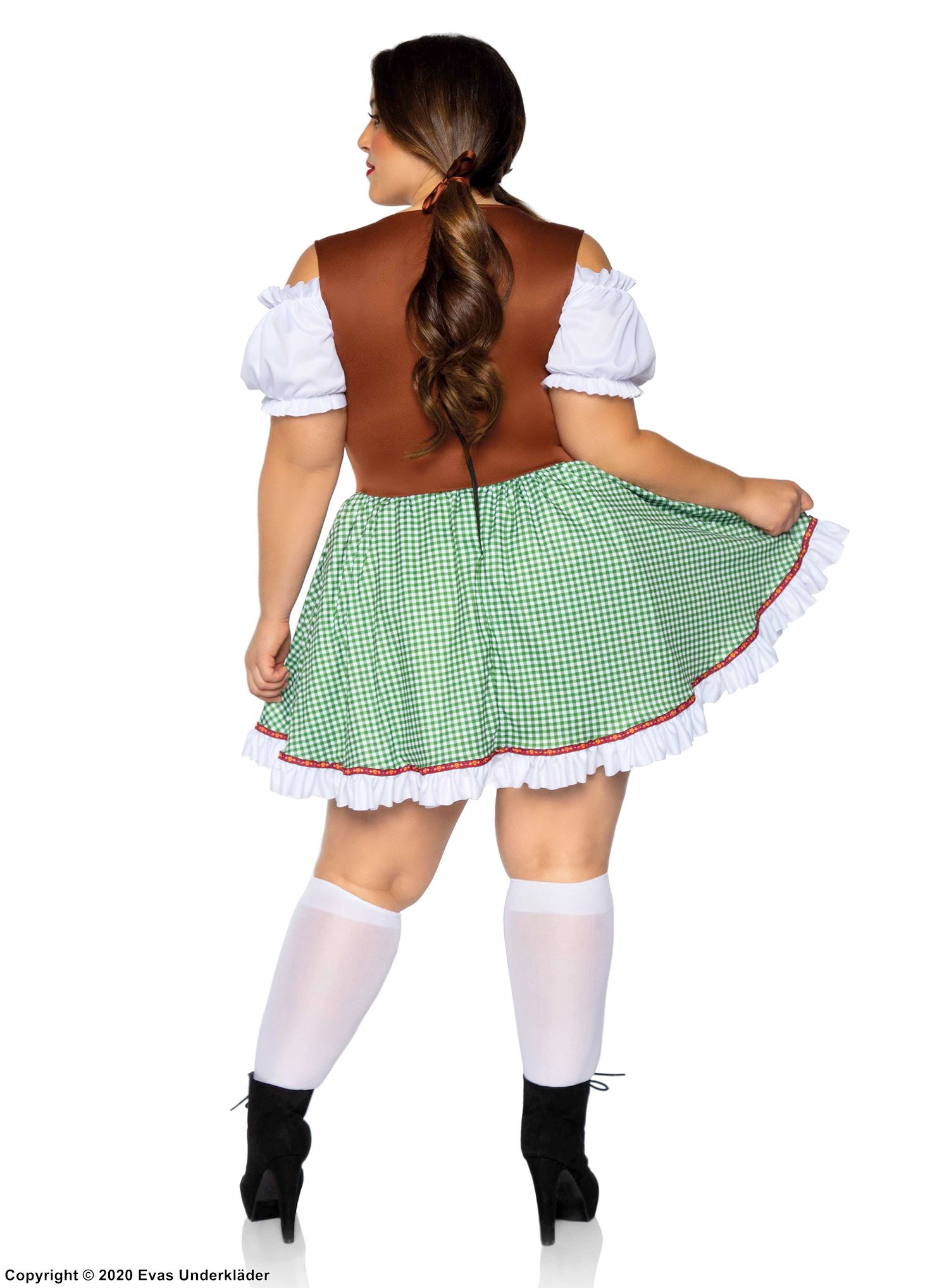 Oktoberfest waitress, dirndl dress costume, ruffle trim, cold shoulder, hearts, XS to 4XL